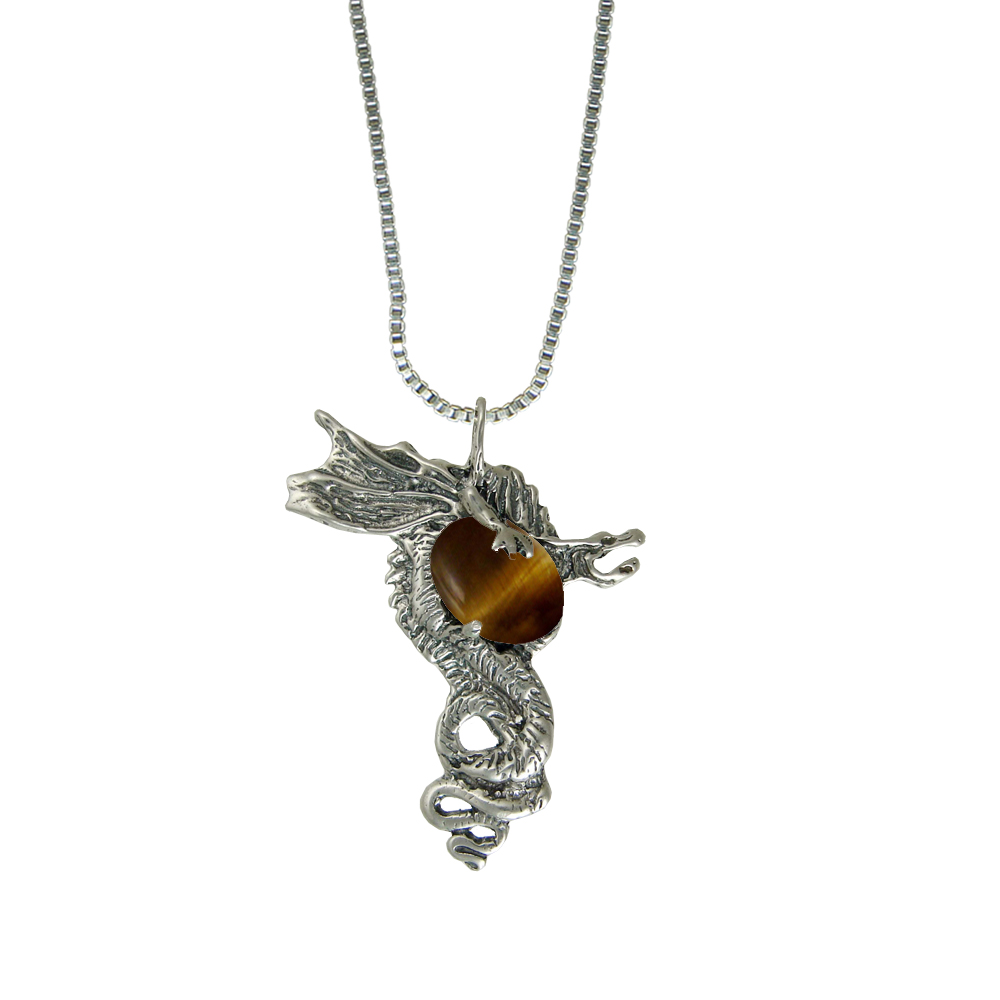 Sterling Silver Warrior Dragon Pendant With Tiger Eye